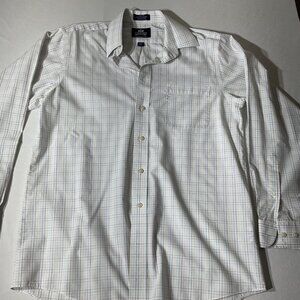 Stafford Mens Wrinkle-Free White & Blue Plaid Long Sleeve Button-Down Shirt 15.5